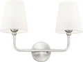 2-Light Brushed Nickel Bathroom Vanity Light, White Fabric Shades | 17" double wall sconce, upward only, E26 base