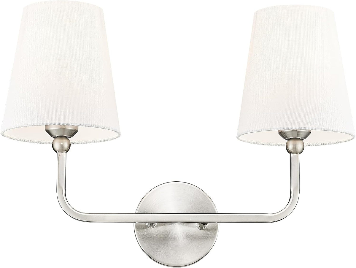 2-Light Brushed Nickel Bathroom Vanity Light, White Fabric Shades | 17" double wall sconce, upward only, E26 base