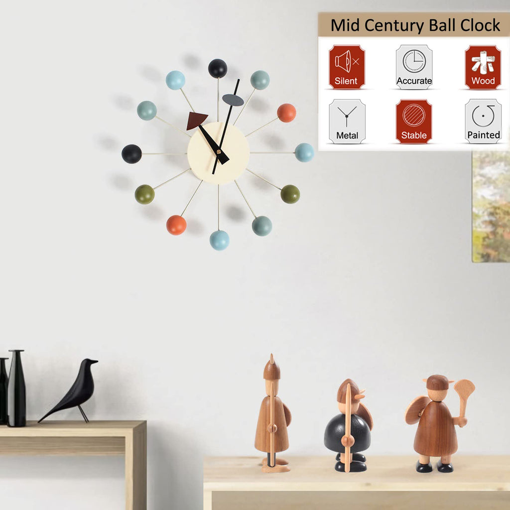 Inspired Nelson Style Modern Mid Century Retro Design Wood Wall Ball Clock Multicolor