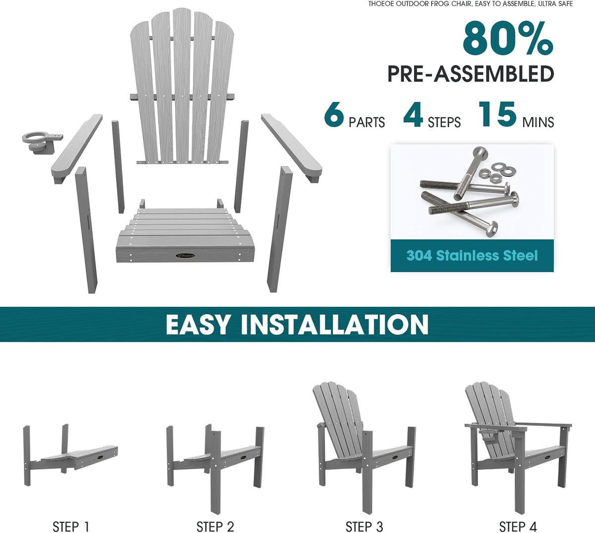Stackable Adirondack Chair Set of 4, Fire Pit Chairs Set of 4 | All-weather HDPE, with Cup Holder, Plastic Outdoor