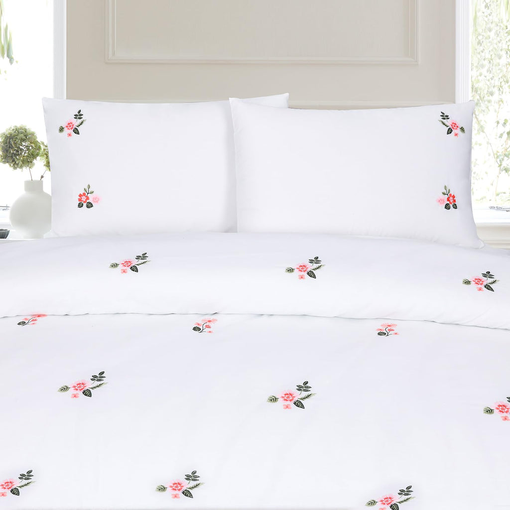 Pink Floral Duvet Cover Set Embroidered White Cotton Bedding Set