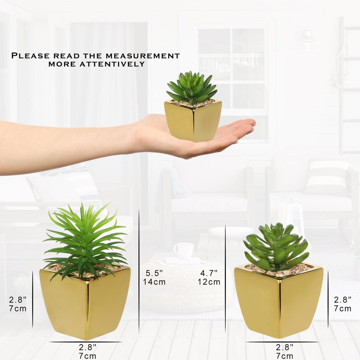 Small Succulents Artificial 3 Pcs Faux Succulents with Gold Pots Mini Fake Succulent Plants Indoor Plant Ceramic Pots