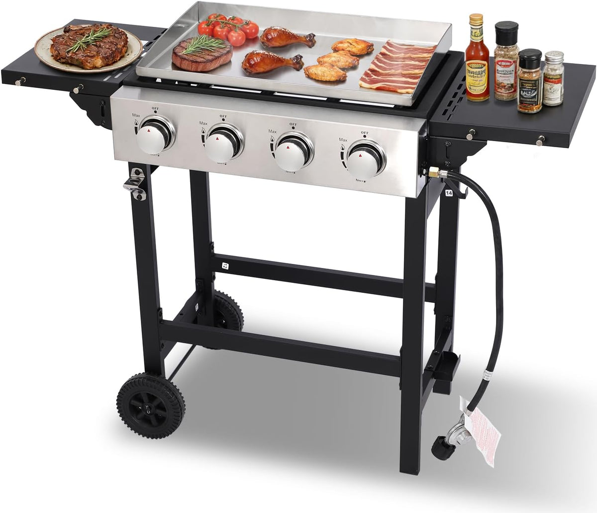 4-Burner Flat Top Gas Grill with Stainless Steel Griddle, Includes Cover and Regulator for Camping, Tailgating, Patio, and Backyard BBQ
