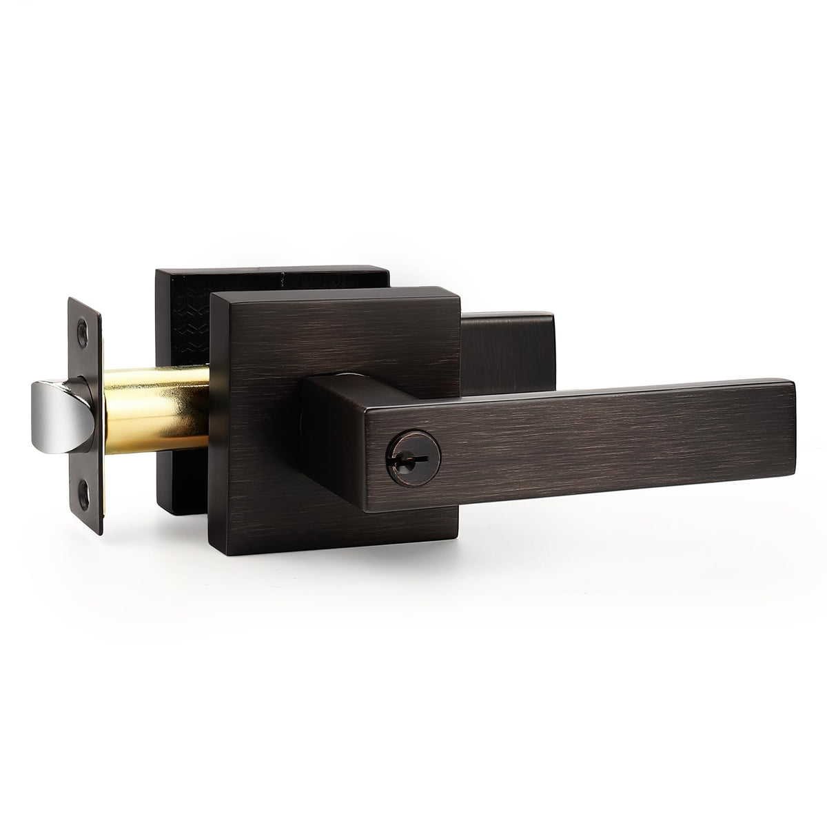 Heavy Duty Square Keyed Door Lever with Lock and Key, Oil Rubbed Bronze Entrance Door Handle for Exterior or Interior