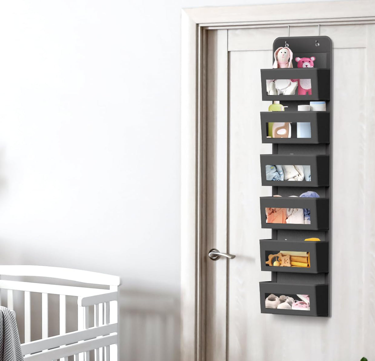 6 Clear Pocket Over Door Hanging Organizer, Dark Gray
