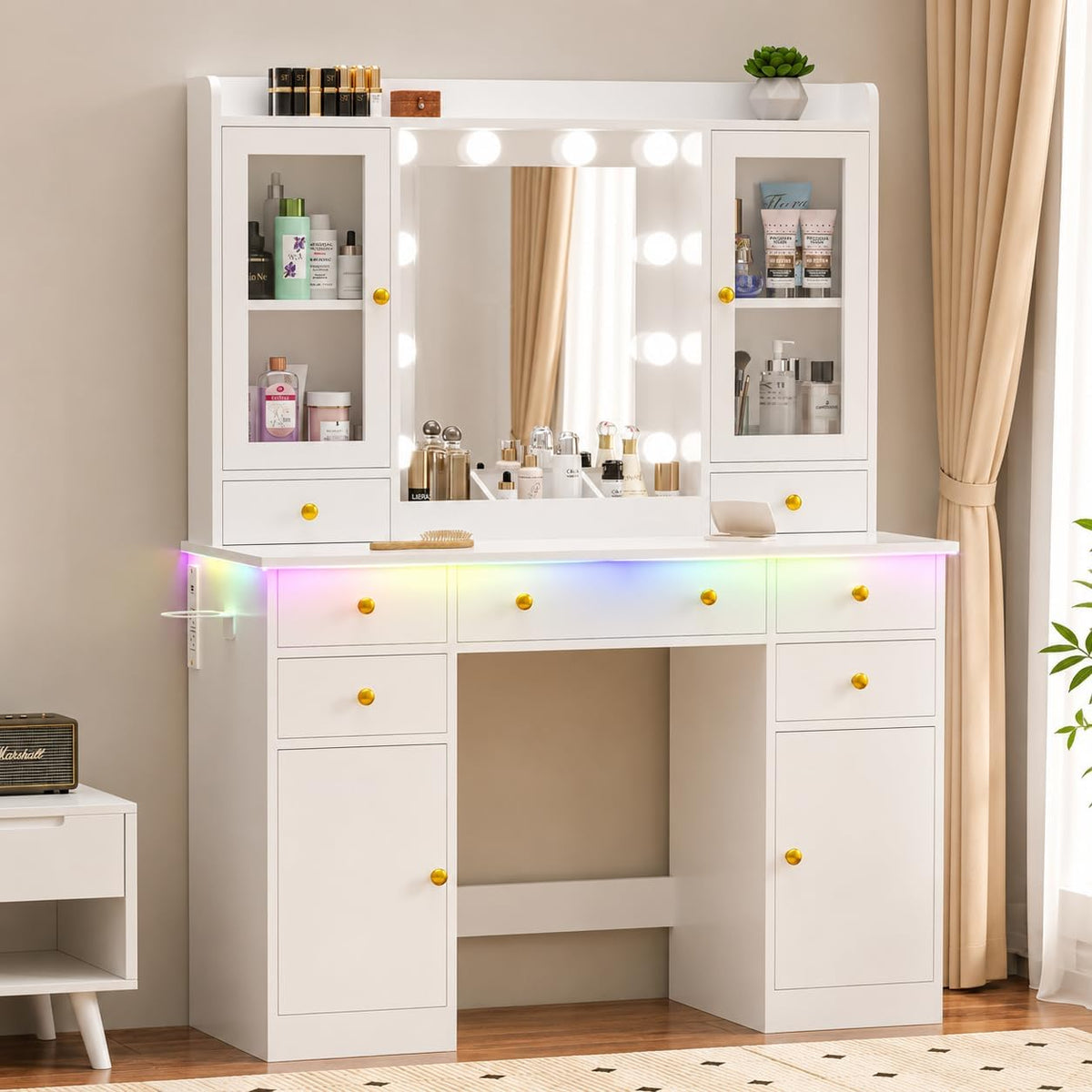 White Makeup Vanity Desk with Mirror and Lights, Smart RGB Light | Vanity Table with Charging Station & 7 Drawers