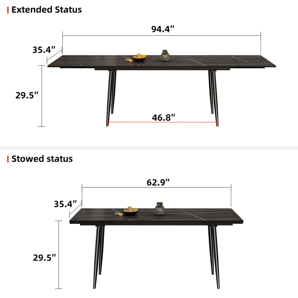 62.9"-94.4" Extendable Dining Table, Black Sintered Stone Top