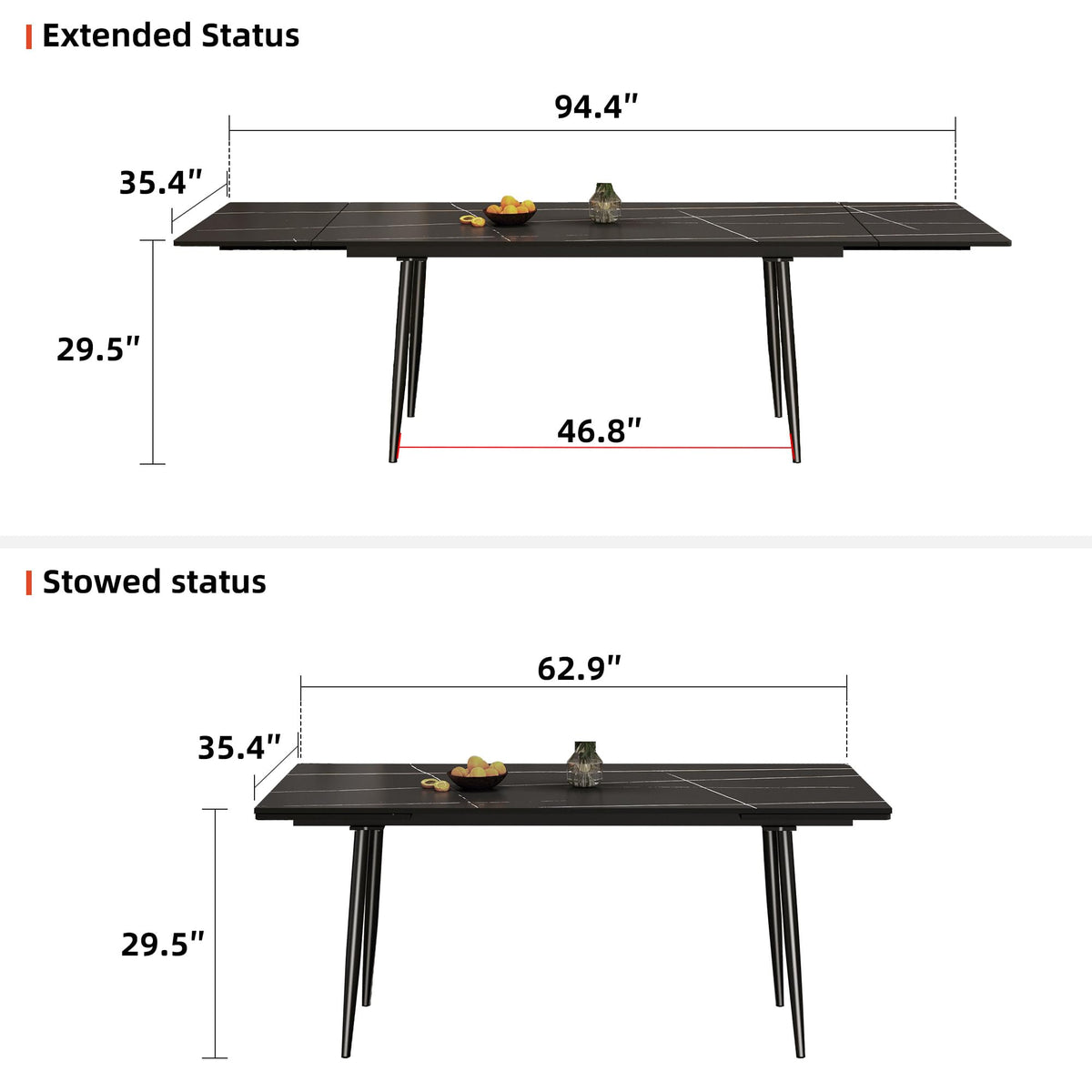 62.9"-94.4" Extendable Dining Table, Black Sintered Stone Top
