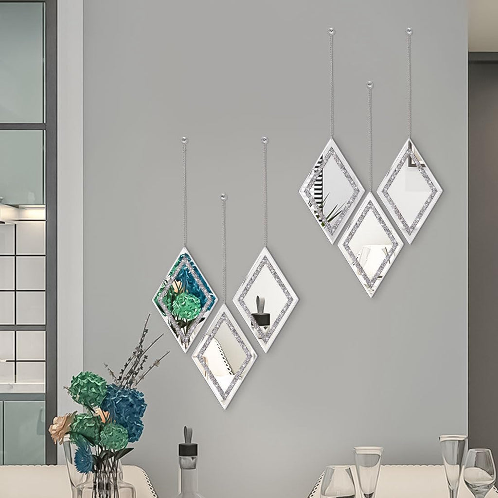 Silver Diamond Shaped Wall Mirror Set of 3, Decorative Crystal Crush Diamond Mirrors Decor