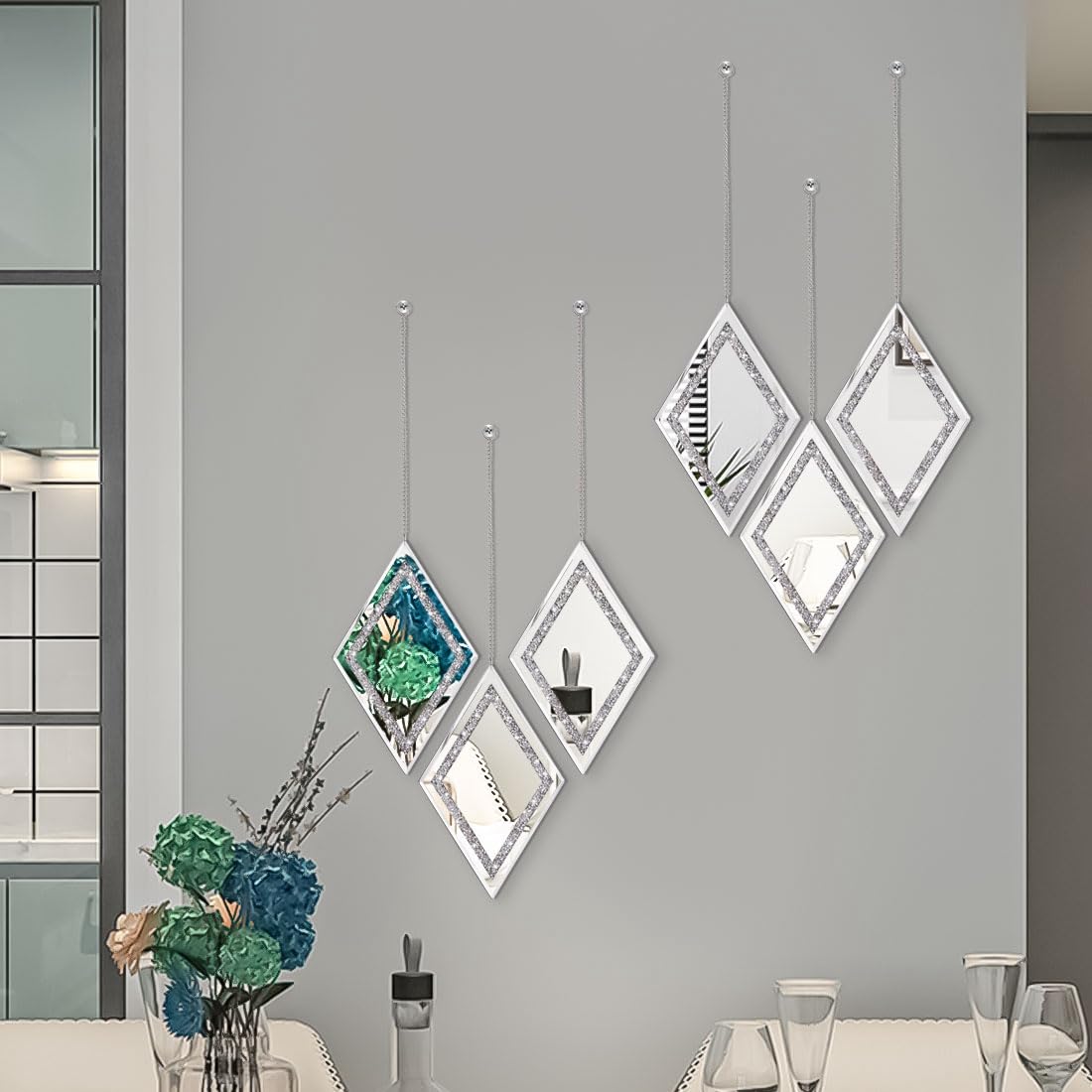 Silver Diamond Shaped Wall Mirror Set of 3, Decorative Crystal Crush Diamond Mirrors Decor