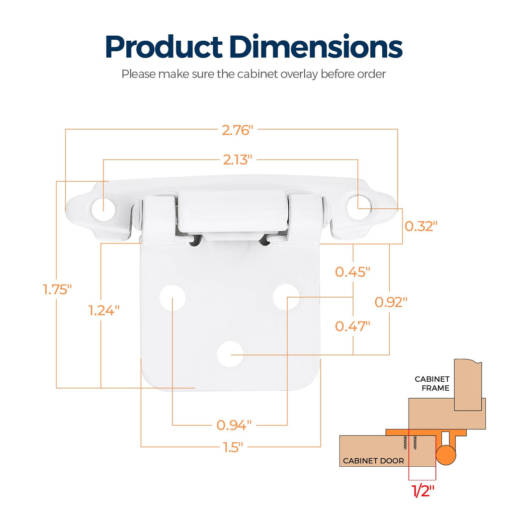 White Cabinet Hinges, 1/2 Inch Overlay, 60 Pack (30 Pairs)