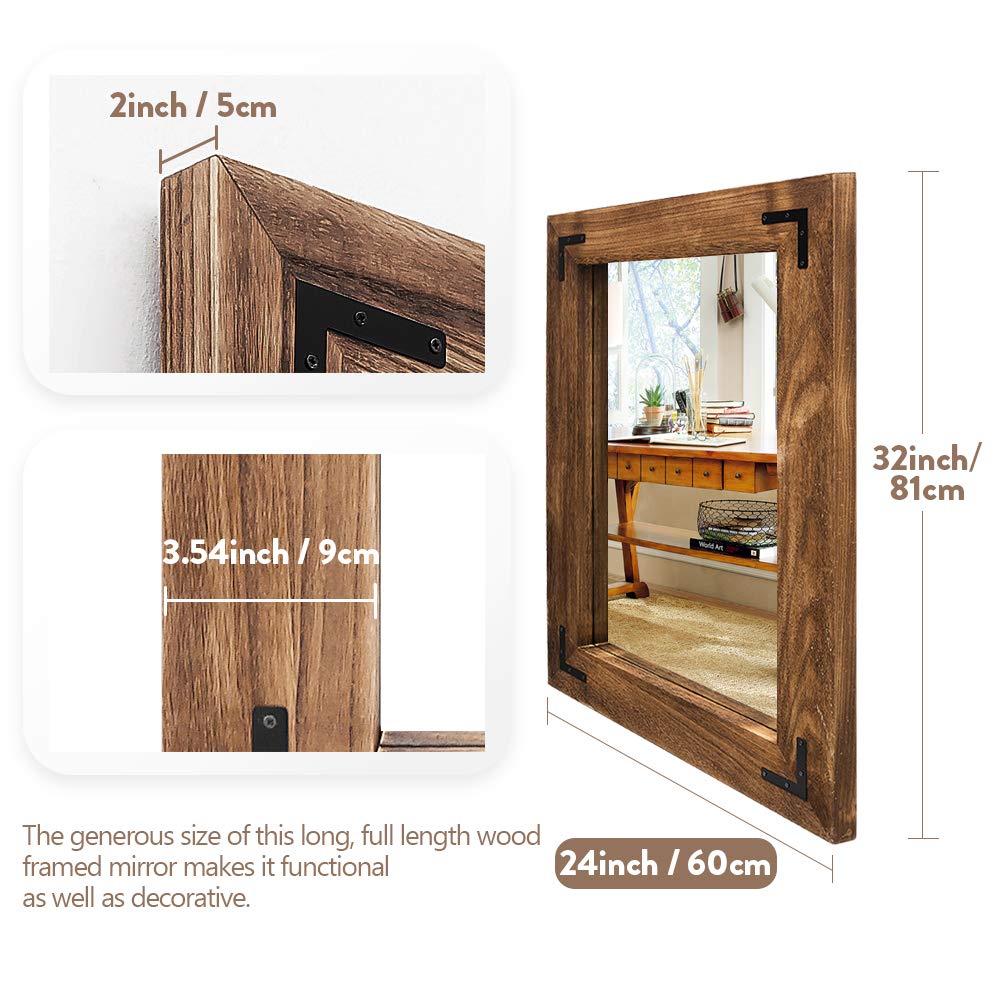 Rustic Wooden Framed Wall Mirror, Natural Wood Bathroom Vanity Mirror for Farmhouse Decor, Vertical or Horizontal