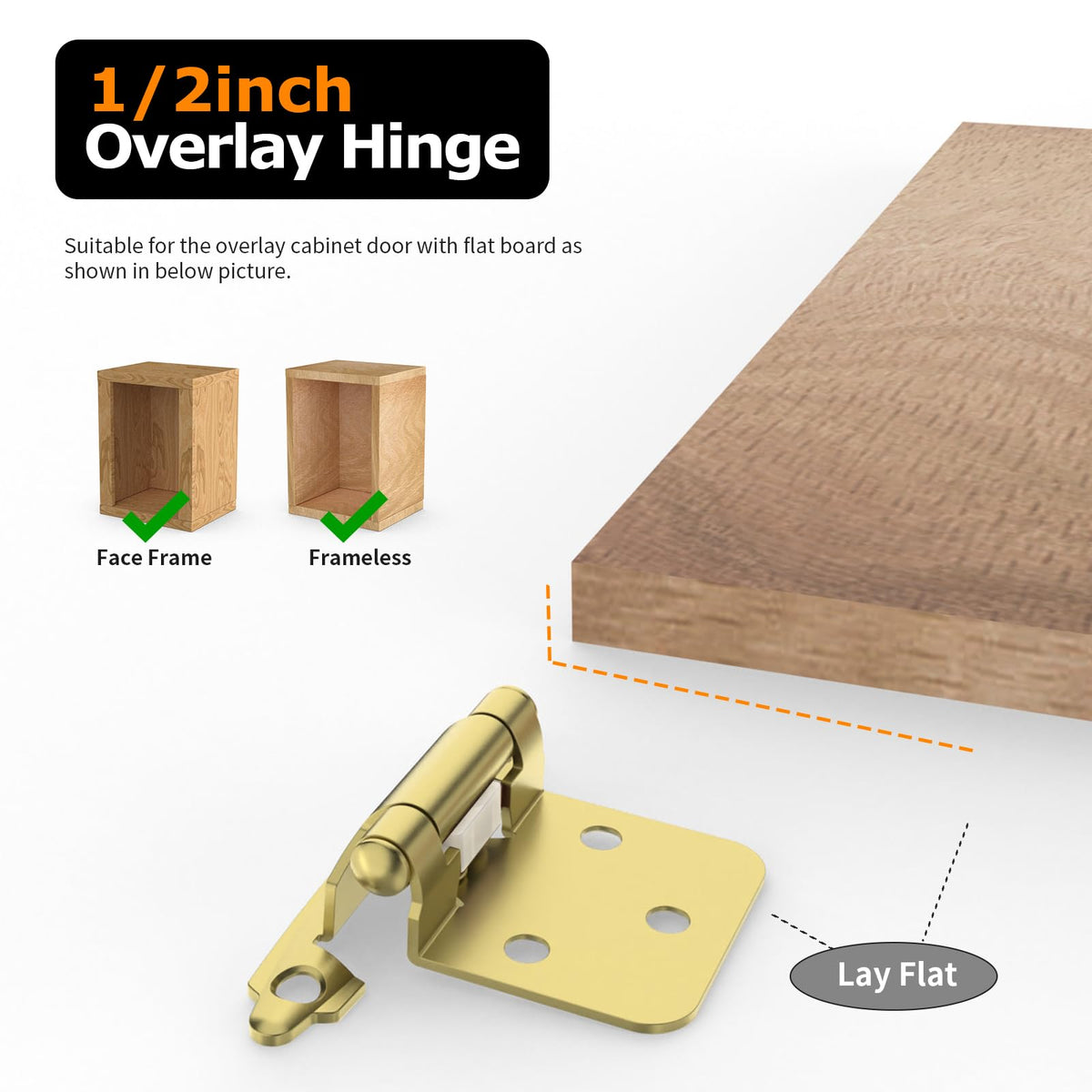 1/2" Overlay Cabinet Hinges, 20 Pack Self Closing Flush Mount Hinges with Door Bumper, Variable Decorative Hardware