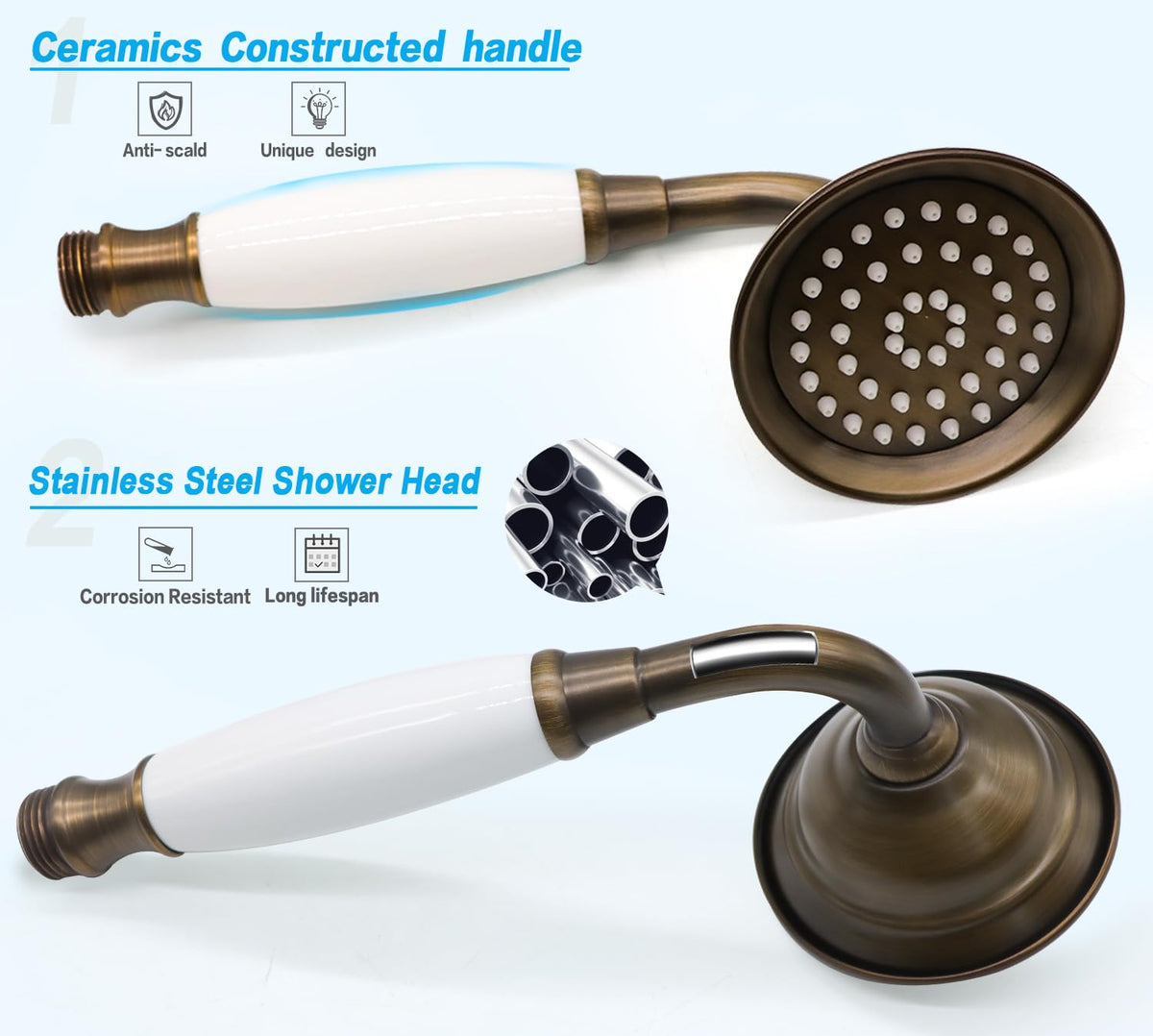 Vintage Hand-held Shower Rain Sprayer Telephone Shaped Ceramic Shower Head with 59 Inch Hose (Retro Bronze)
