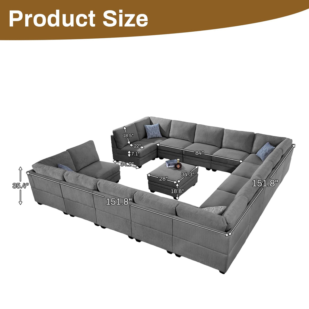 Oversized Modular Sectional Sofa, U/L‐Shaped Reversible Couch with Ottoman, Deep Seat Corduroy Sofa, 16‐Seater, Grey