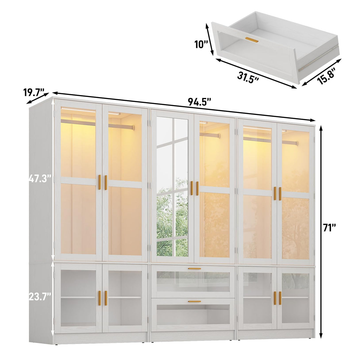 6 Doors Armoire Wardrobe Closet with LED and Mirror, 71" H Freestanding Wooden Wardrobe Closet Cabinet w 2