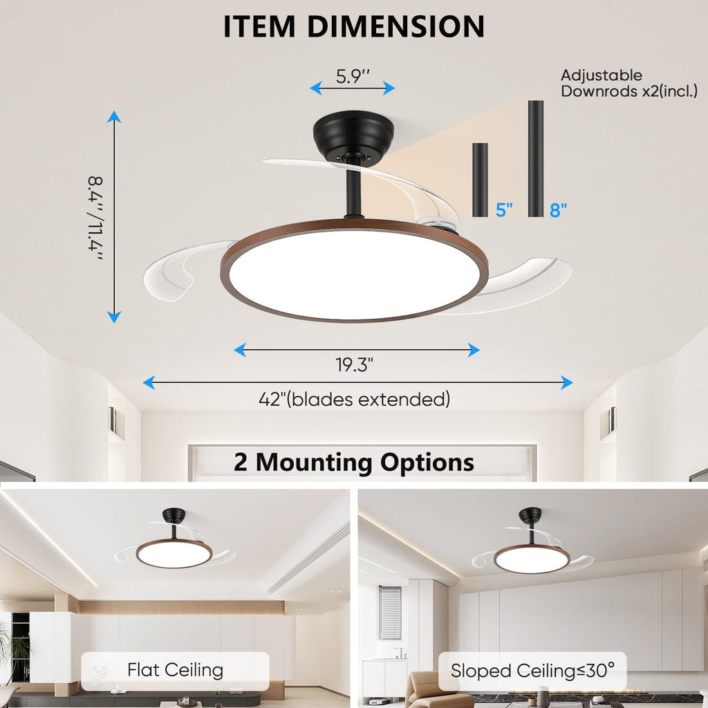 42'' Retractable Chandelier Ceiling Fan, Black