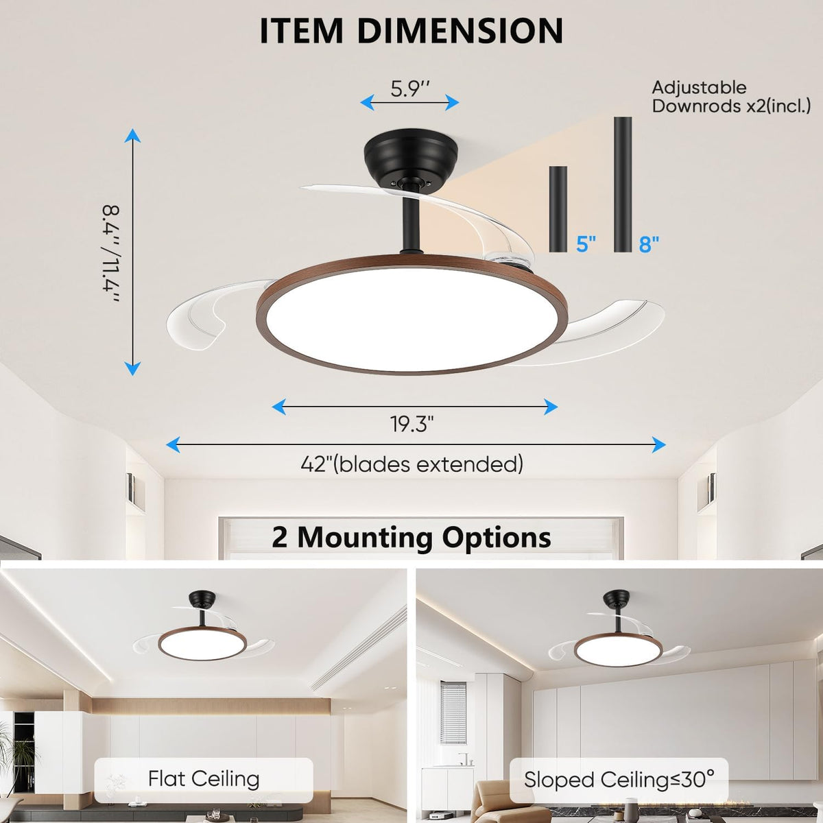42'' Retractable Chandelier Ceiling Fan, Black