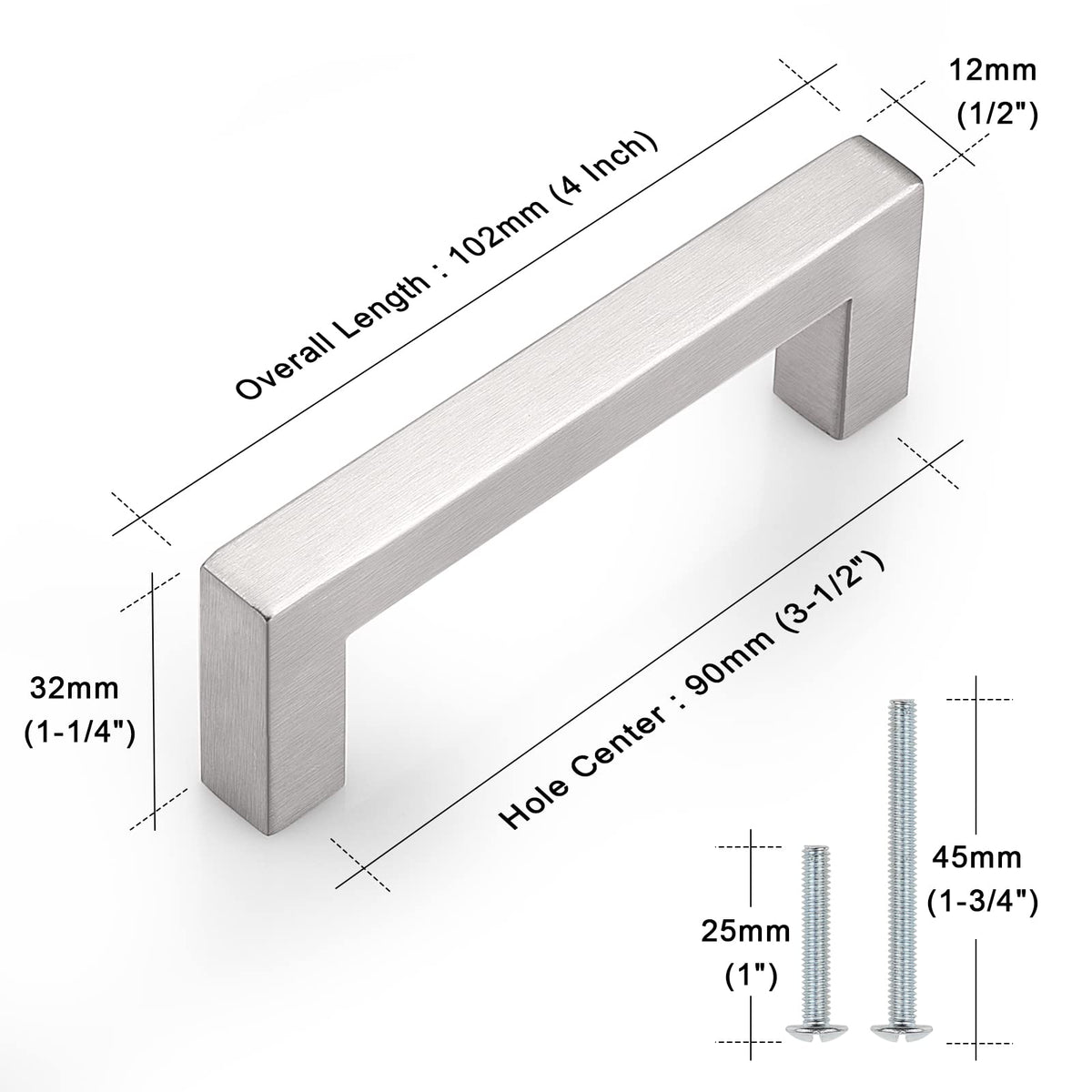 15 Pack 3-1/2 inch Hole Center Stainless Steel Cabinet Pulls in Brushed Nickel, Square Kitchen Cabinet Handles Bath