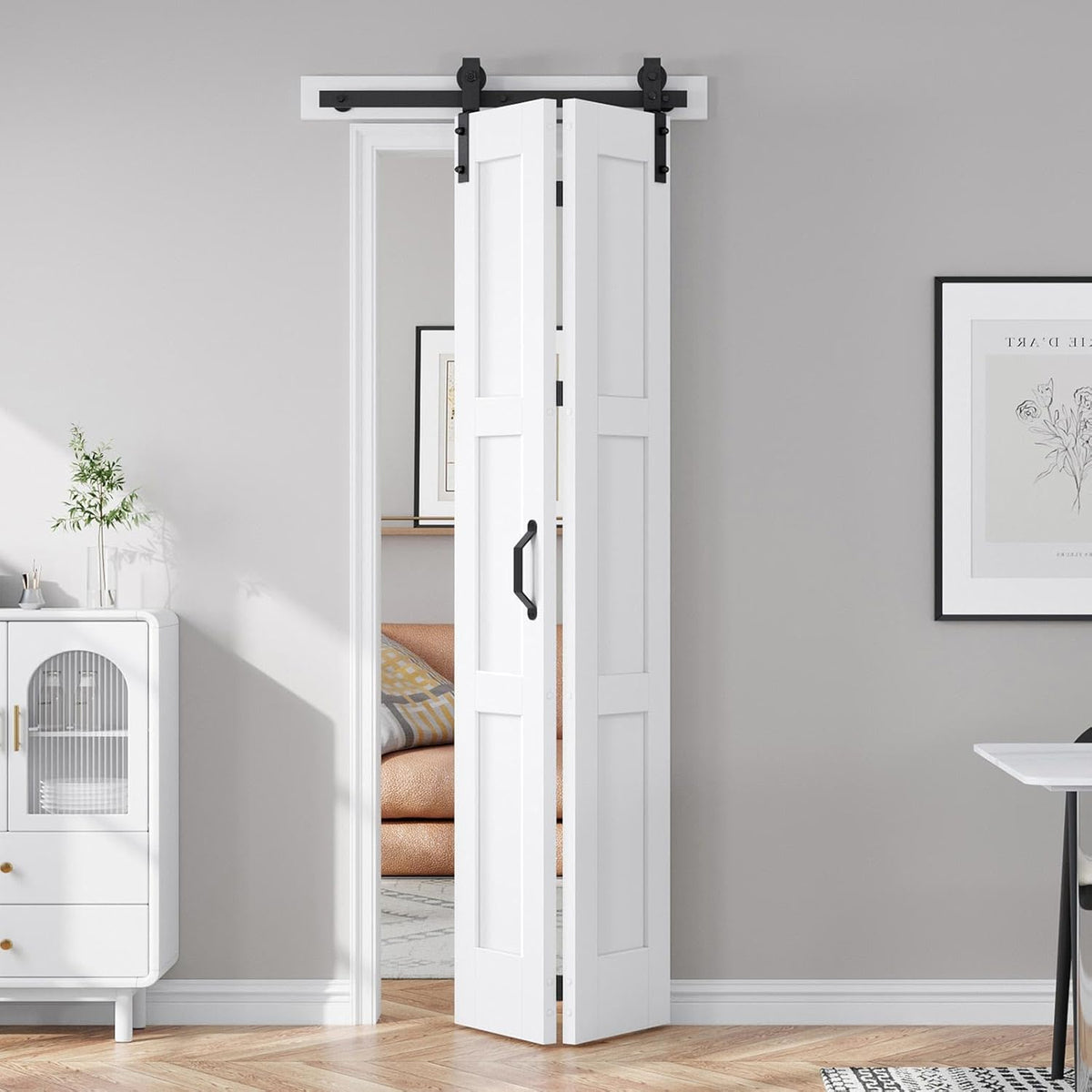30X84(Double 15x84) White Bifold Barn Door Sliding Bi fold Doors Bi-fold Folding with 34" Hardware Kit & Handle,Solid