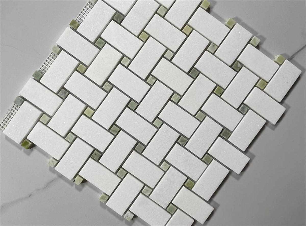 Thassos White Marble 1x2 Basketweave Mosaic Tile w/Green Jade Dots Honed Kitchen Bath Wall Floor Backsplash Shower (1