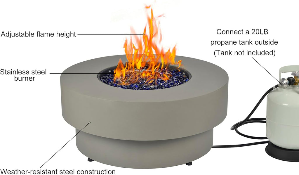 Propane Outdoor Fire Pit Table, Flint & Concrete Look 32-inch Round Patio Propane Fire Table 50,000 BTU w/Lid, Glass Rocks, Cover, Pre-Attached 10ft