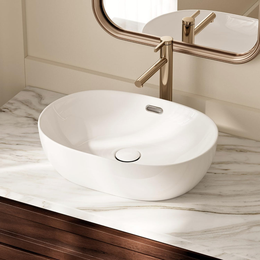 19"W x 14"D Oval Vessel Sink with Overflow, Los Flexi 19 Inch Oval White Ceramic Countertop Bathroom Sink