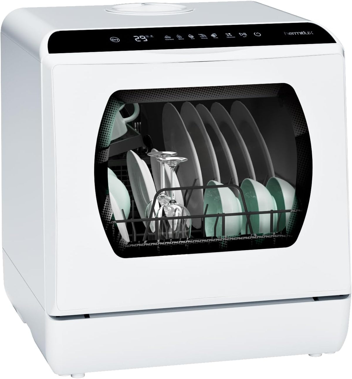 Portable Countertop Dishwashes, 5 Washing Programs Mini Dishwasher with 5-Liter Built-in Water Tank for Apartments & RVs, Tabletop Dishwasher with LED Light & Glass Door, No Hookup Needed