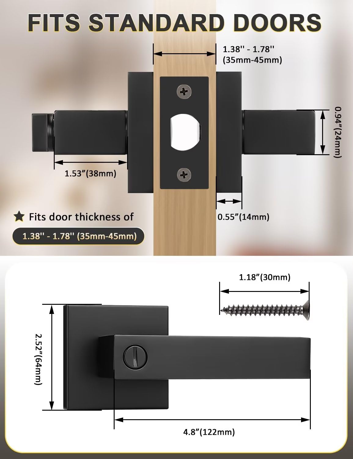 Matte Black Interior Privacy Door Handles Keyless with Lock, 2 Pack
