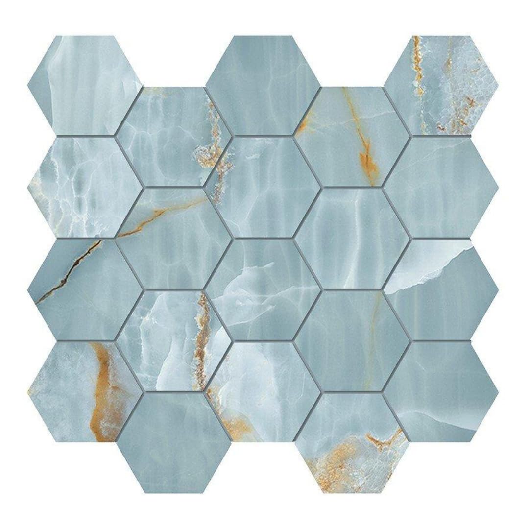 HTC168 Azurite 3" Turquoise Blue Mixed Hexagon Matte Porcelain Mosaic Tile - Marble Look, Ideal for Backsplash