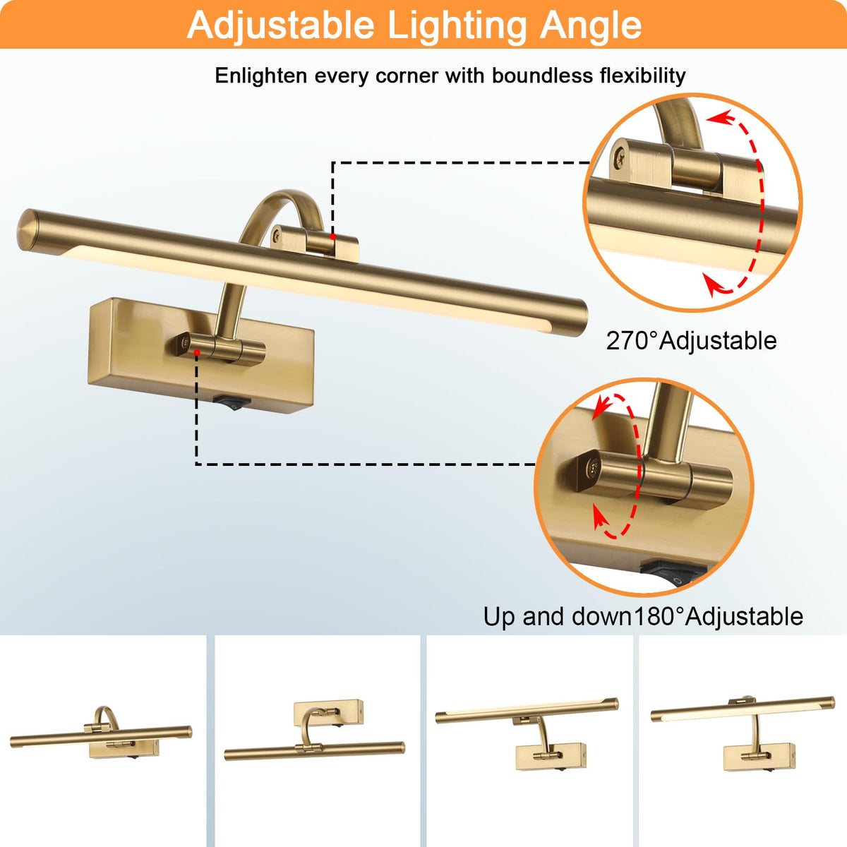Wireless Picture Lights for Wall Rechargeable, Battery Operated Art Light for Paintings, 3CCT Dimmable, 15.7" Brass