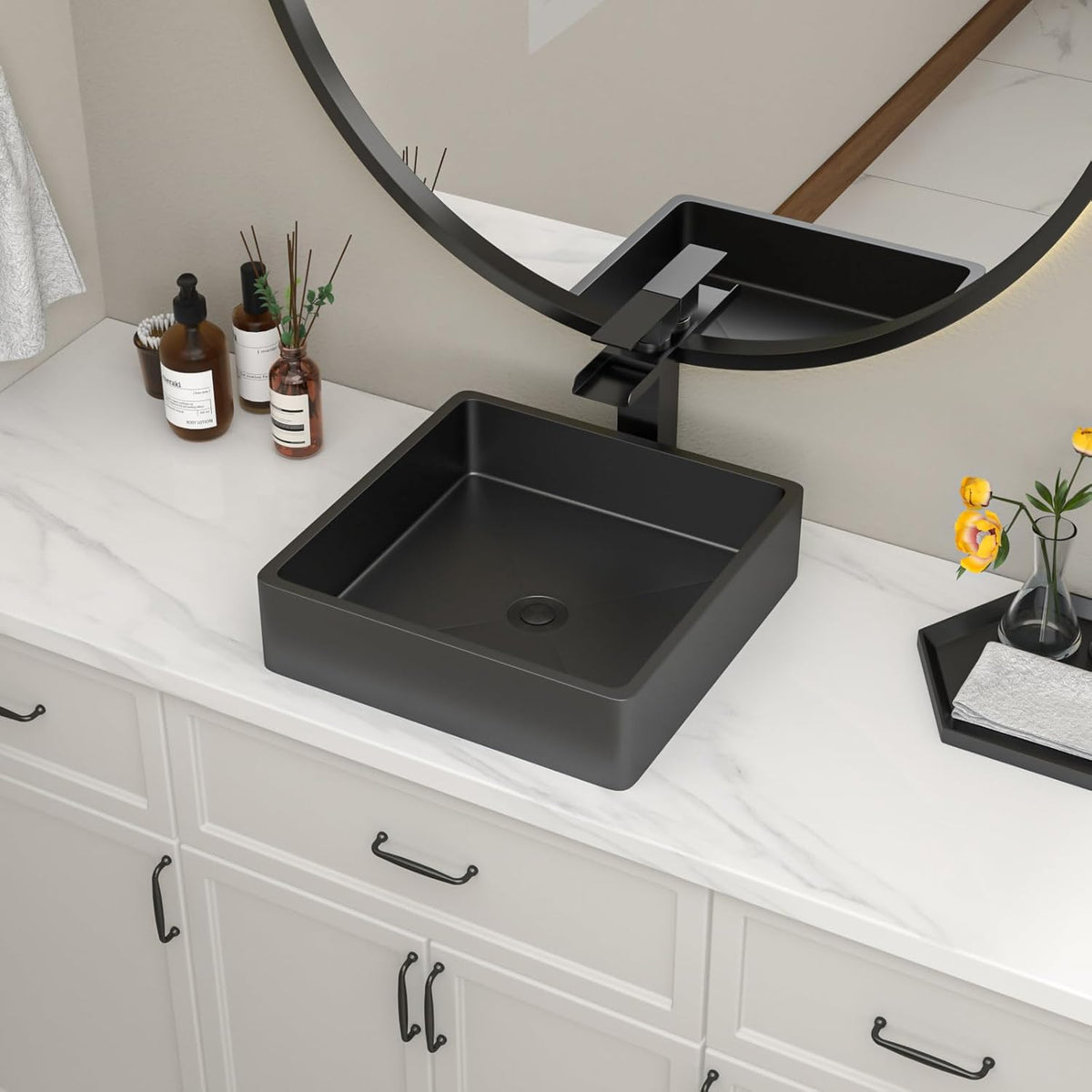 15 Inch Black Bathroom Vessel Sink, 15"x15" Black Vessel Sink Stainless Steel Above Counter Bathroom Sink 16 Gauge
