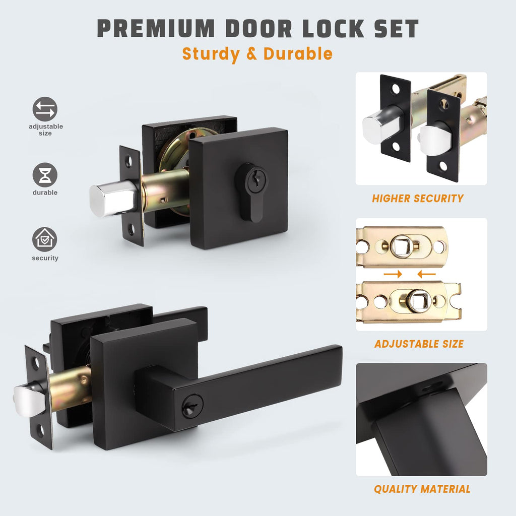 3 Pack Entry Lever Door Handle and Single Cylinder Deadbolt Lock, Heavy Duty Exterior Door Lock Set with Deadbolt