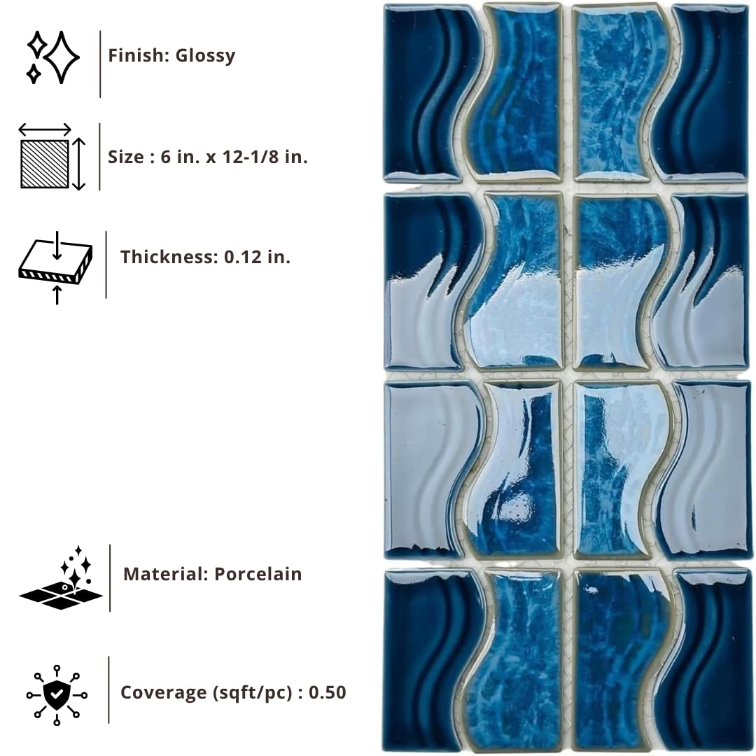 Navy Ocean Blue Wavy Porcelain Lineup Border Pool Wall Floor Tile Backsplash on 6x12 Mesh Mounted Easy Installation