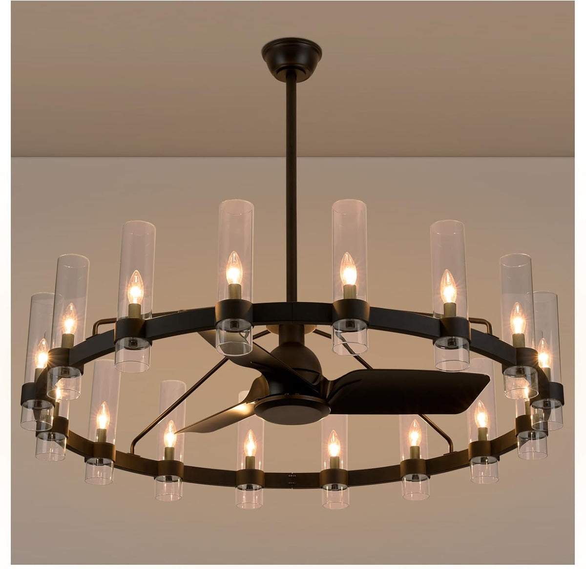 Black Ceiling Fan with 16-Light Wagon Wheel Chandelier for Great Rooms