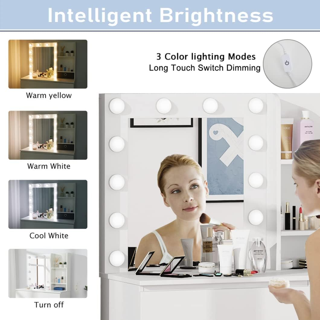 Makeup Vanity with Lights, 37inch Vanity Desk, 4 Large Drawers Dresser with Lighted Mirror, 3 Lighting Modes