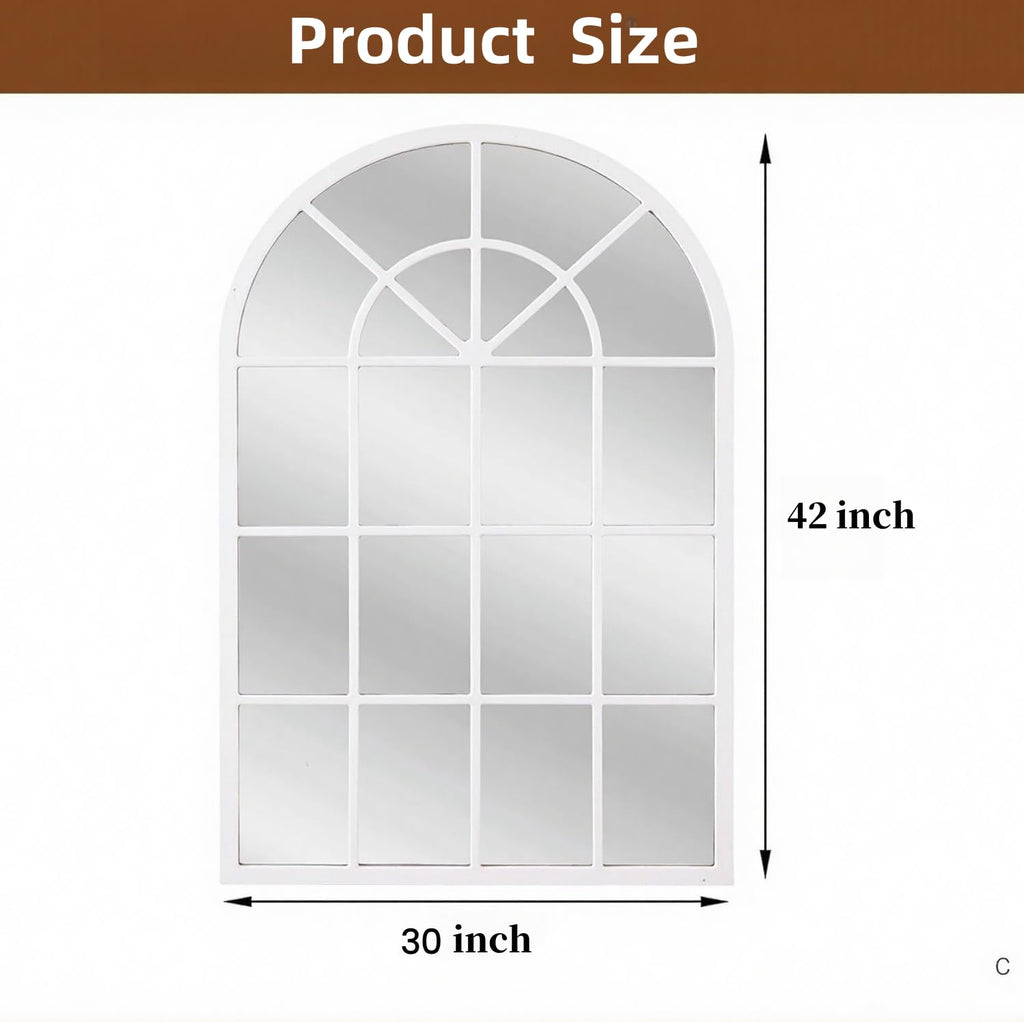 Arched Wall Mirror, 42"x30" Metal Frame Windowpane Mirror, White