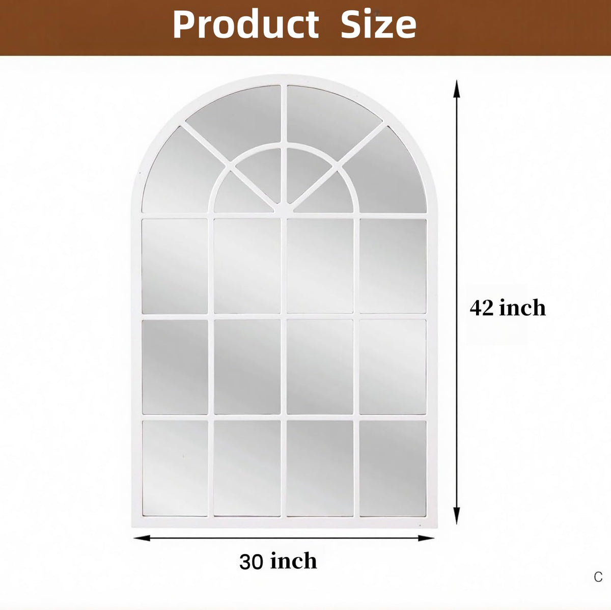 Arched Wall Mirror, 42"x30" Metal Frame Windowpane Mirror, White