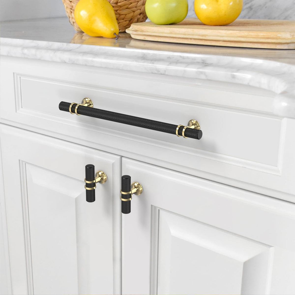 10 Pack Knurled Matte Black and Gold Cabinet Pulls 7 Inch Hole Center Kitchen Cabinet Handles for Drawer Dresser