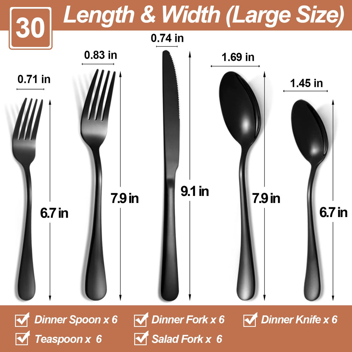 Black Silverware Set,30-Piece Stainless Steel Flatware Set for 6
