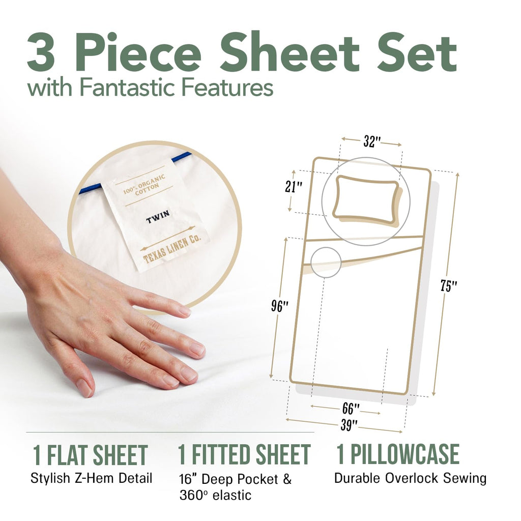 100% Organic Cotton Sheets Twin Size - 3 PC Organic Cotton Percale Printed Sheets Twin Set (Dotted Stripe), Soft