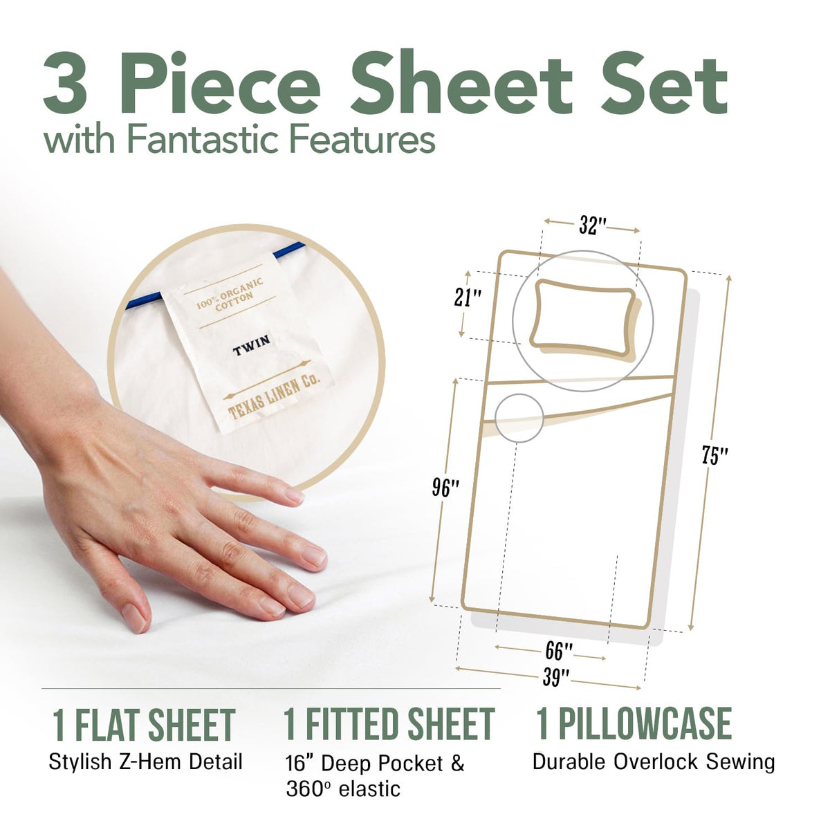 100% Organic Cotton Sheets Twin Size - 3 PC Organic Cotton Percale Printed Sheets Twin Set (Dotted Stripe), Soft