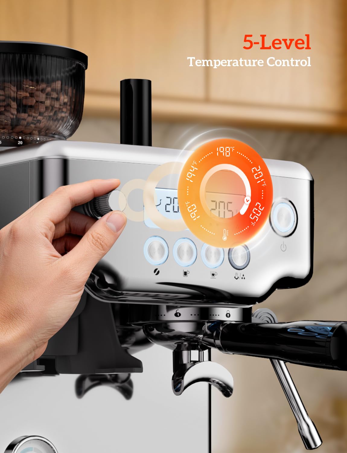 Compact Espresso Machine with Grinder, 5 Temp 205°F Max