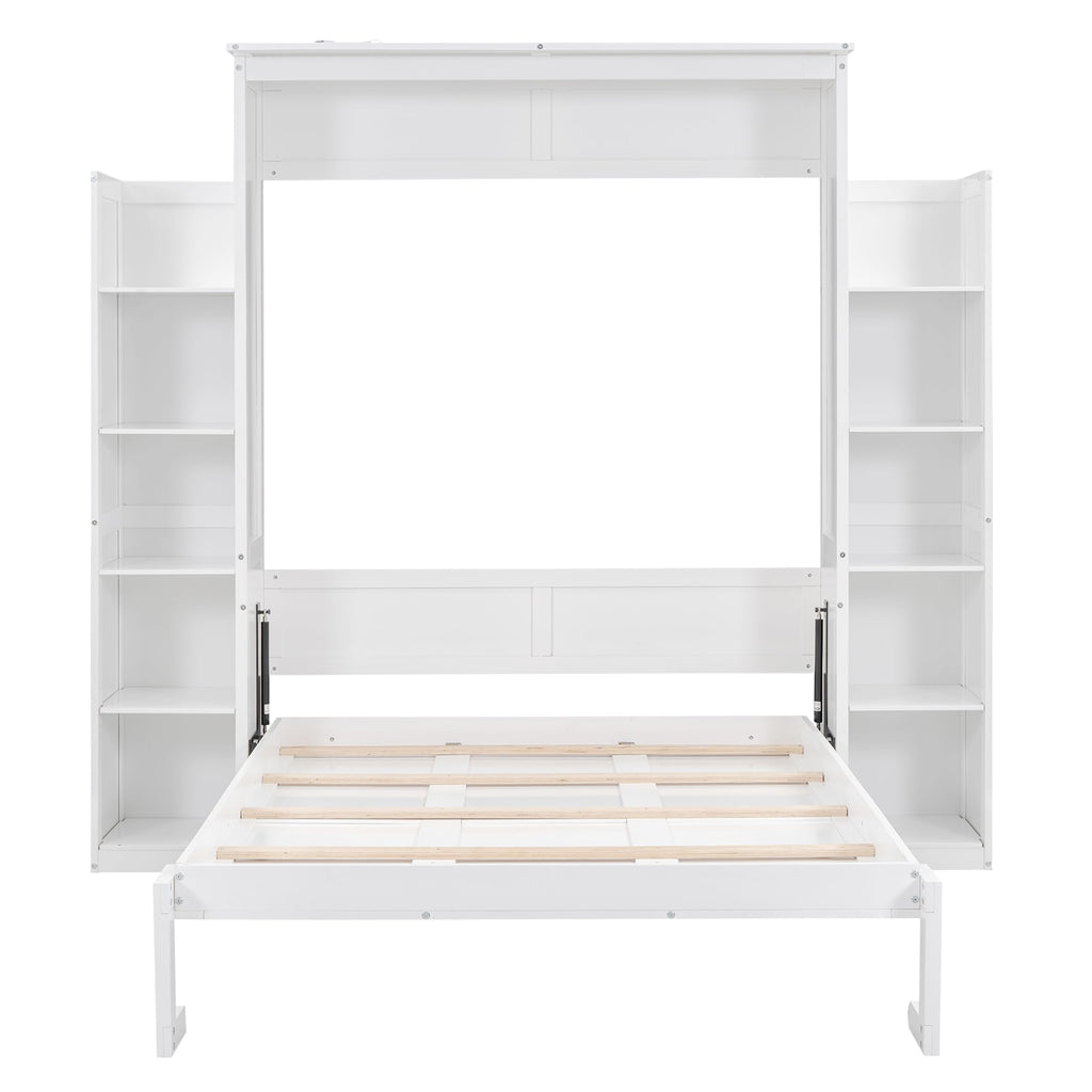 Full Size Murphy Bed, Wooden Full Wall Bed with Shelves and LED Lights, White