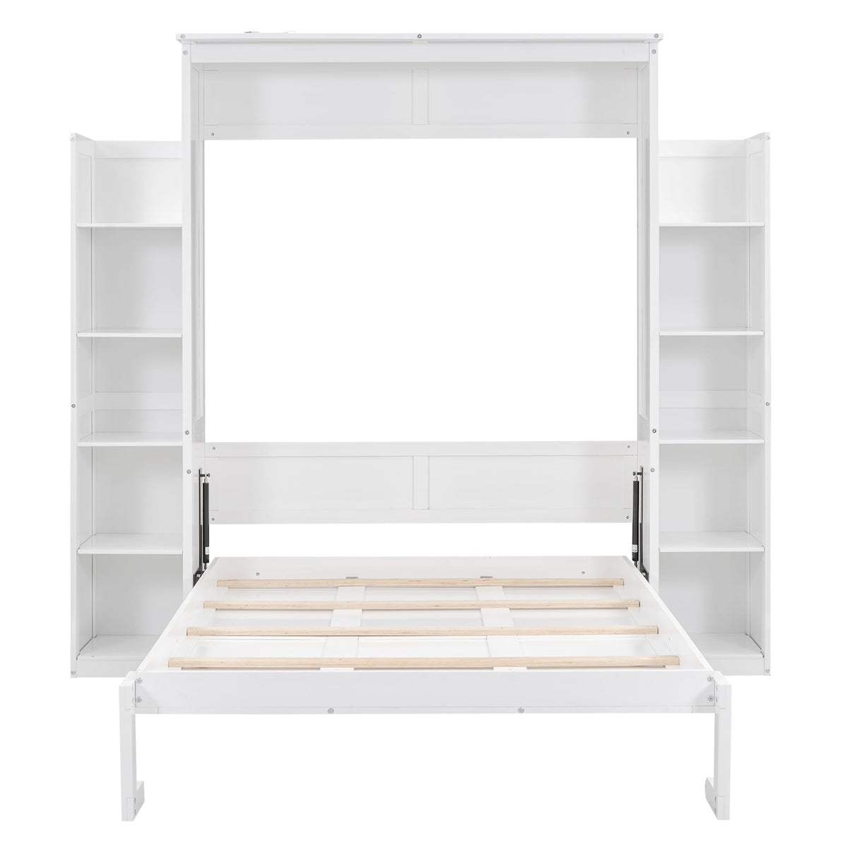 Full Size Murphy Bed, Wooden Full Wall Bed with Shelves and LED Lights, White