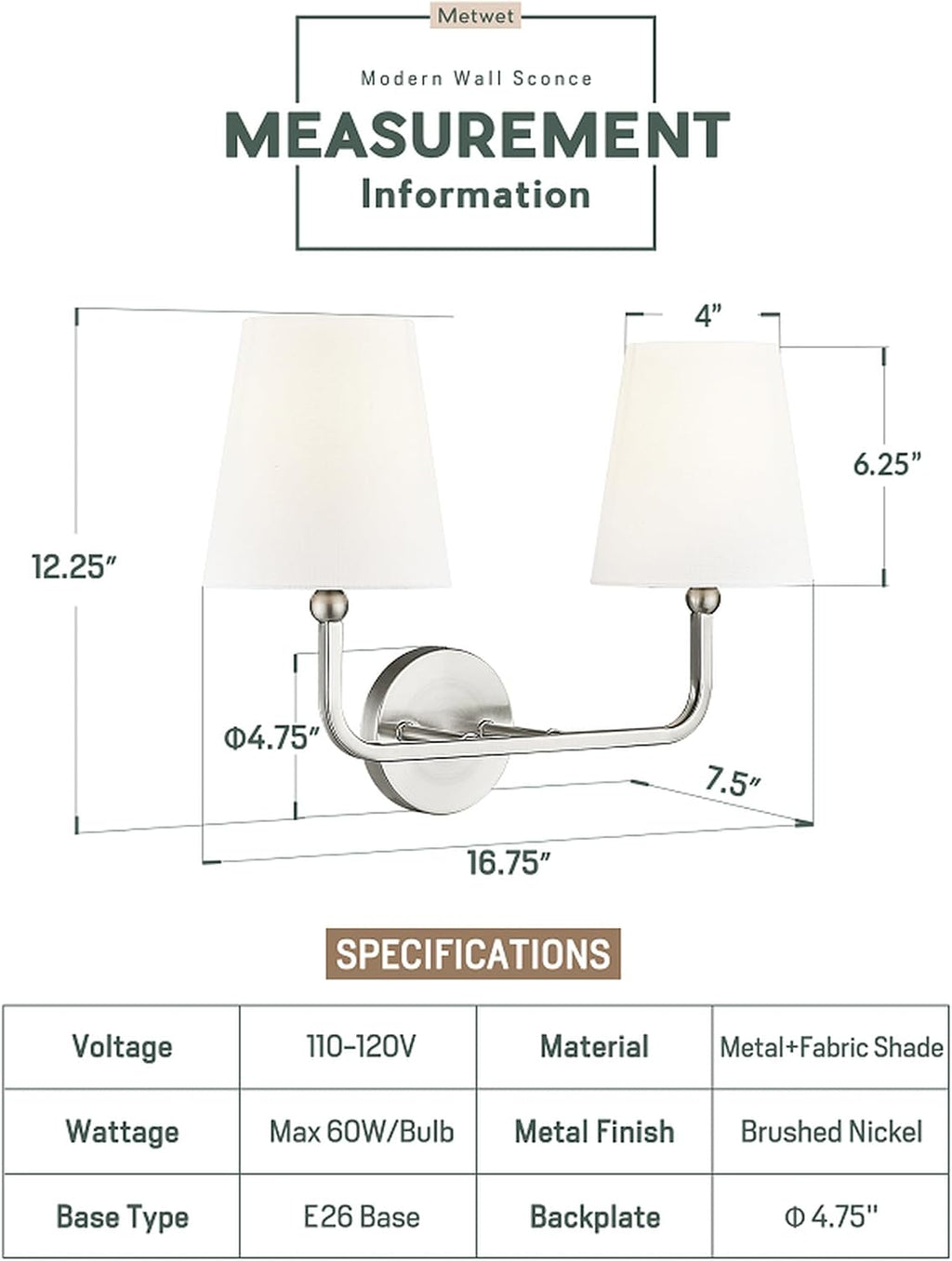 2-Light Brushed Nickel Bathroom Vanity Light, White Fabric Shades | 17" double wall sconce, upward only, E26 base