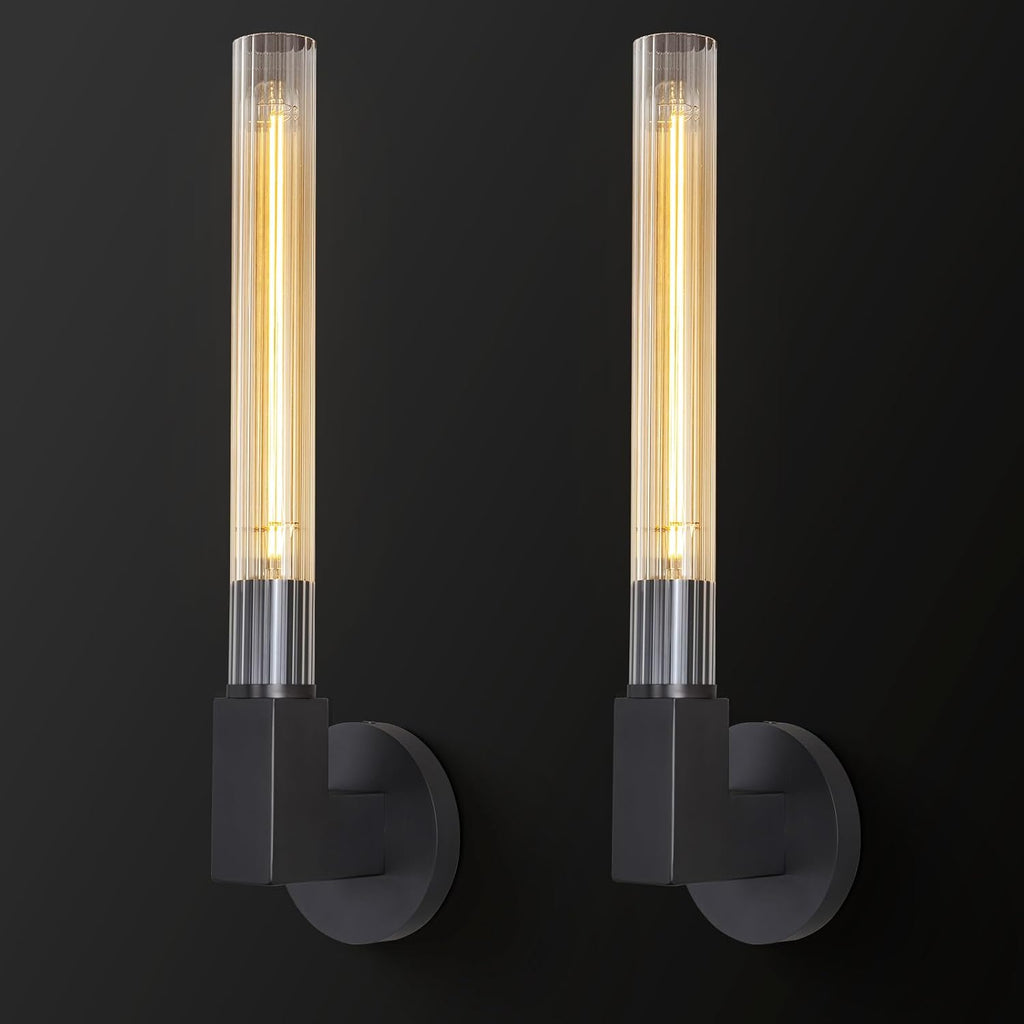 Black Wall Sconces Set of 2, Modern Bathroom Vanity Lights with Glass Shades - Industrial Vintage Wall Lamps for Mirror, Bedroom, Living Room, Hallway