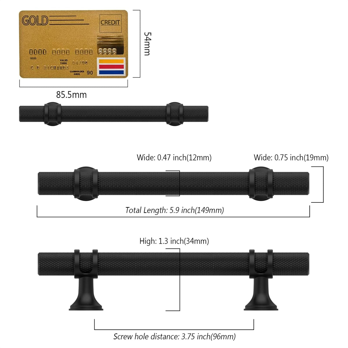 10 Pack 3-3/4"(96mm) Black Knurled Cabinet Handles Kitchen Matte Black Pulls for Cabinets Drawer Pulls Dresser