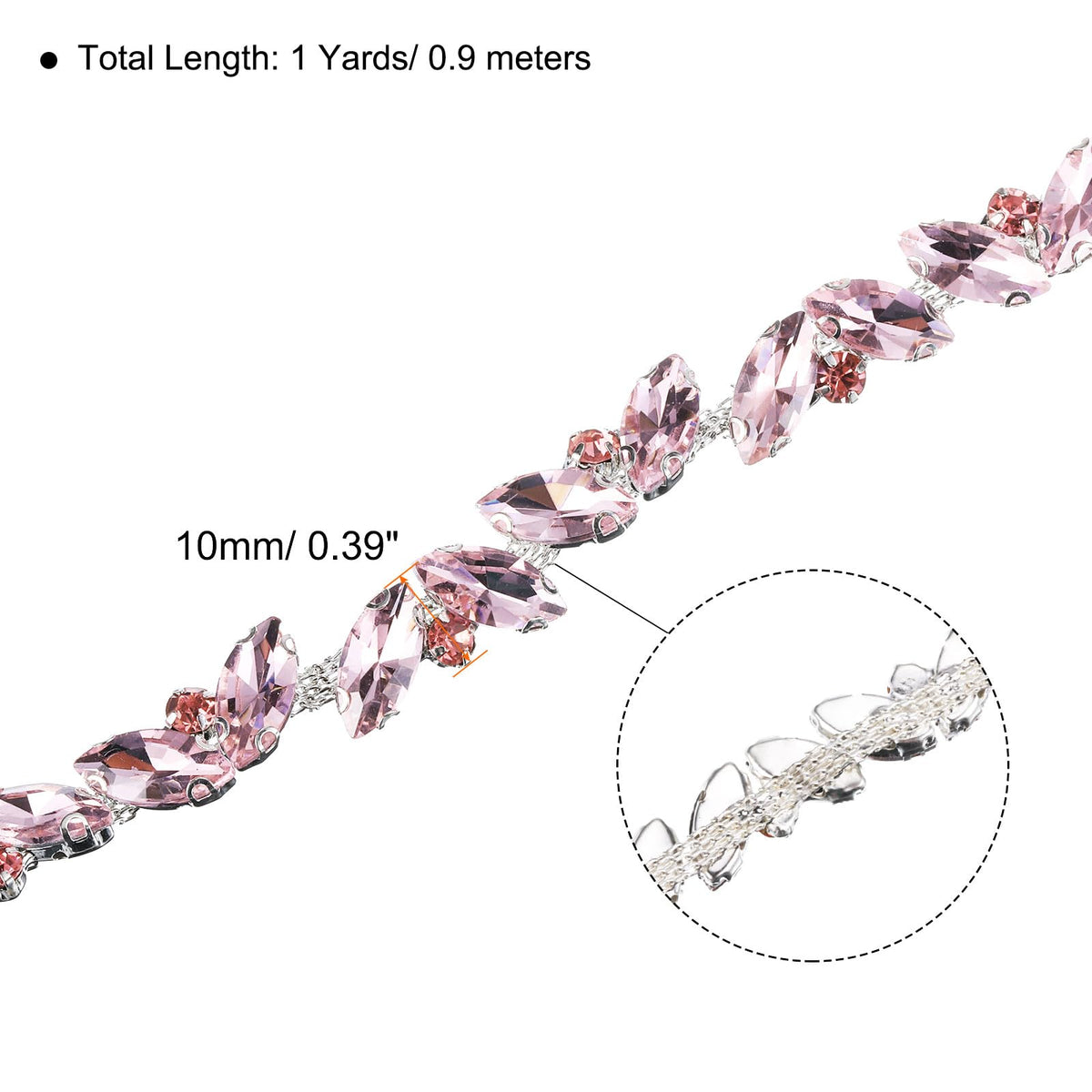 Rhinestone Chain Trim, Crystal Chain Applique Pink - 1 Yard