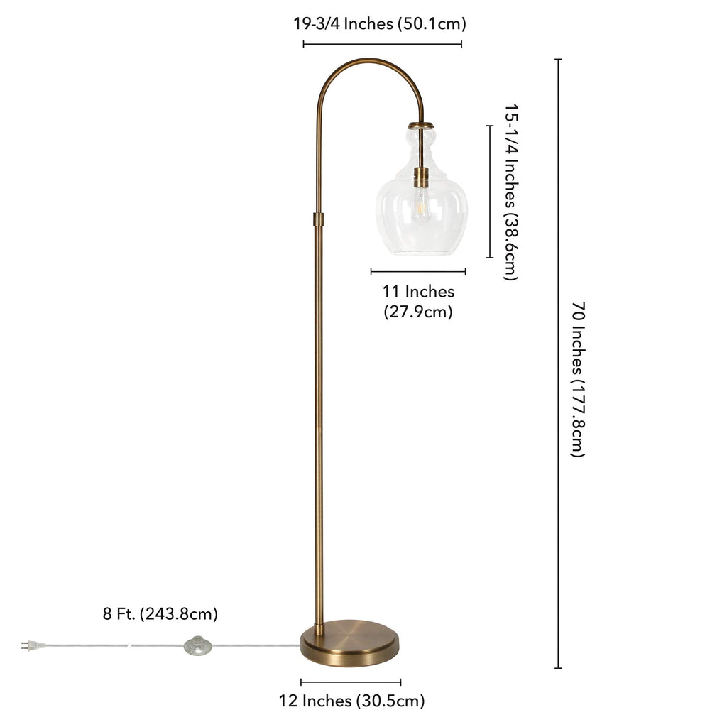 Inspired Arco Style Arc Floor Lamp with Glass Shade in Brass/Clear, Floor Lamp
